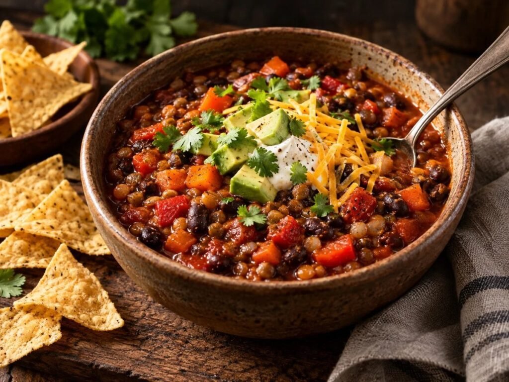 Lentil vegetable chili topped with cheese and avocado