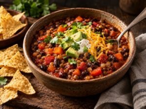 Lentil vegetable chili topped with cheese and avocado