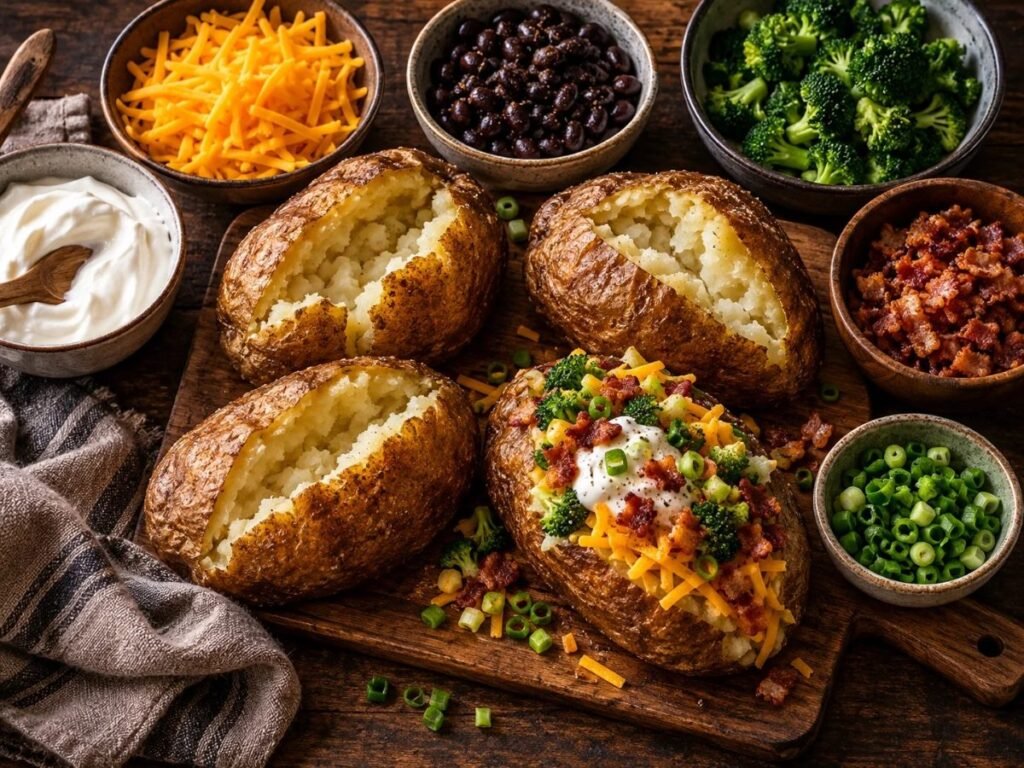 Baked potatoes with cheddar, sour cream, bacon and green onions