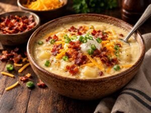 Bowl of loaded baked potato soup topped with bacon, shredded cheddar and green onions