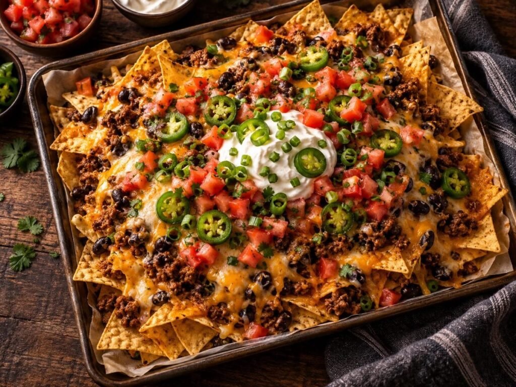 Loaded nachos with beef, beans, melted cheese and sour cream