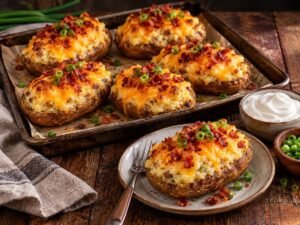 Loaded Twice-Baked Potatoes Loaded twice-baked potatoes topped with cheddar, bacon and green onions