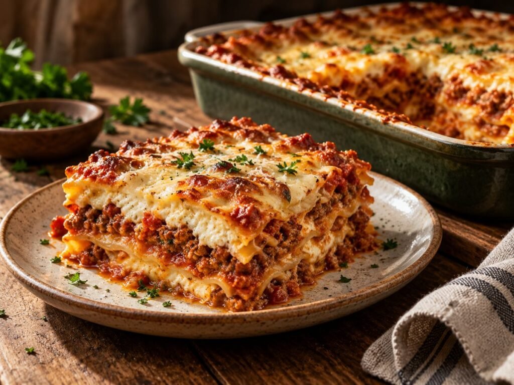 Slice of layered beef lasagna on a plate