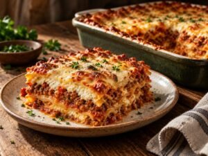 Slice of layered beef lasagna on a plate