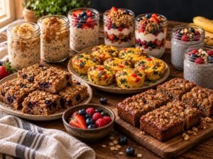 Make-ahead breakfasts including overnight oats, parfaits, egg muffins, and baked oatmeal