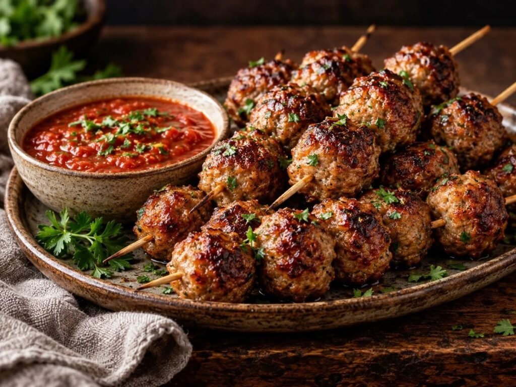 Meatball skewers with marinara dipping sauce
