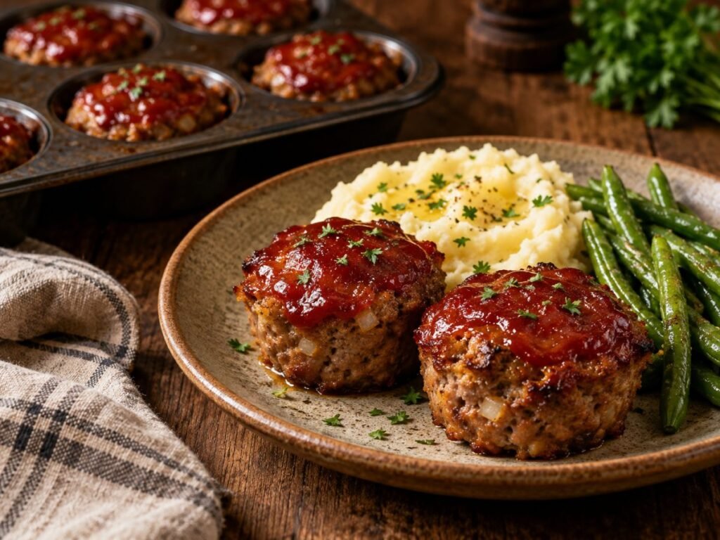 Mini meatloaf muffins with ketchup glaze served with mashed potatoes