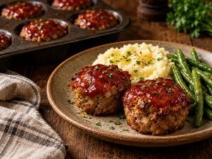 Mini Meatloaf Muffins Mini meatloaf muffins with ketchup glaze served with mashed potatoes