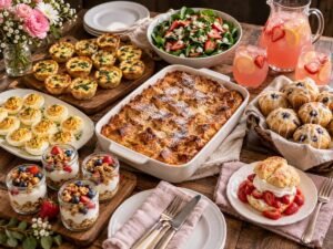 Mother’s Day brunch spread with French toast casserole, mini quiches, muffins, salad and strawberry lemonade