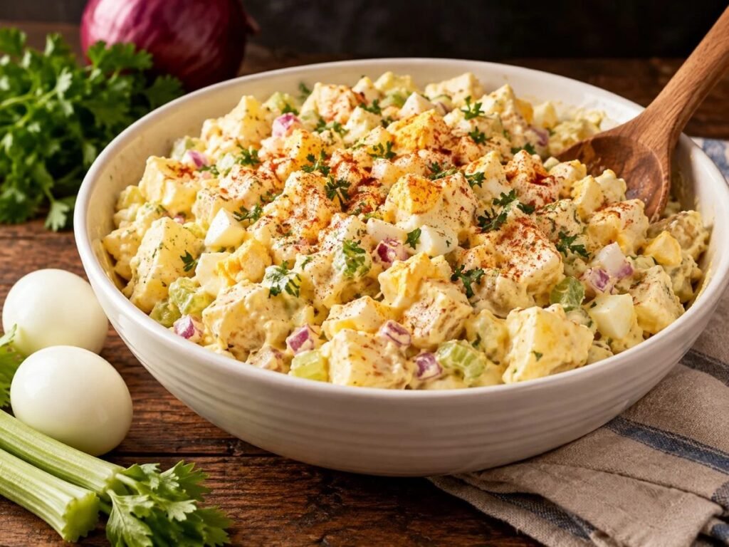 Old-fashioned potato salad with eggs and celery in a white serving bowl