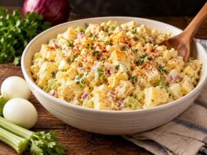 Old-Fashioned Potato Salad Old-fashioned potato salad with eggs and celery in a white serving bowl