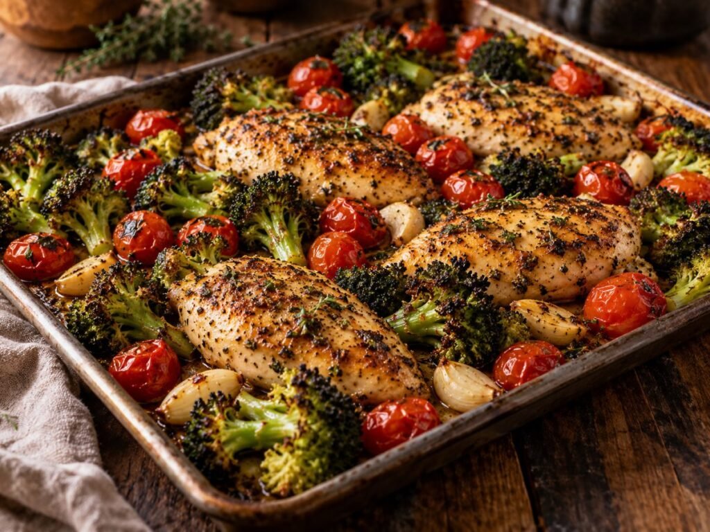 Sheet pan of roasted chicken, broccoli, and cherry tomatoes