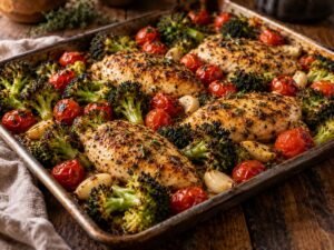 Sheet pan of roasted chicken, broccoli, and cherry tomatoes