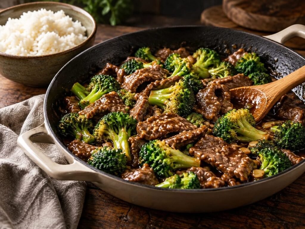 One-pot beef and broccoli in a glossy soy garlic sauce