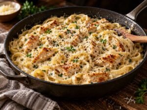 One-pot chicken Alfredo skillet with penne and Parmesan