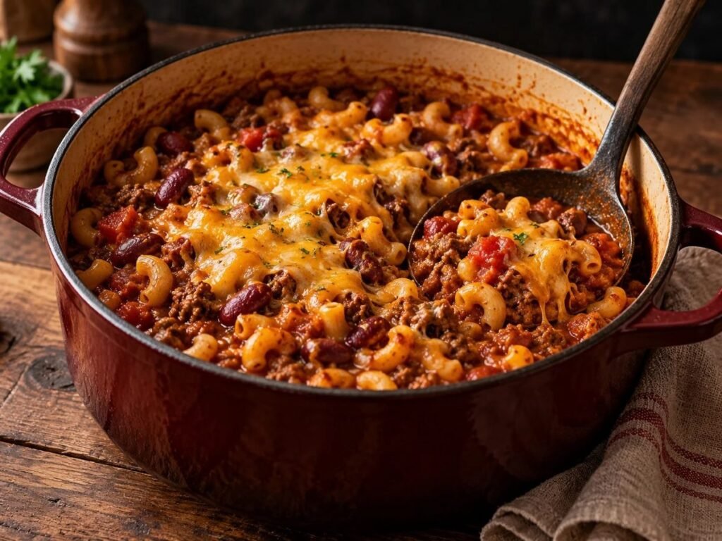 One-pot chili mac topped with melted cheddar