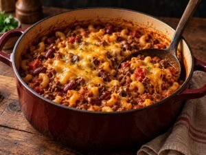 One-Pot Chili Mac One-pot chili mac topped with melted cheddar