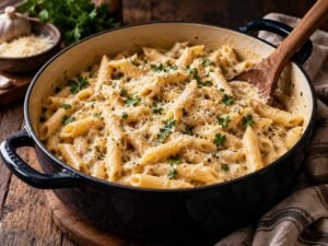 One-Pot Creamy Garlic Parmesan Pasta Creamy garlic parmesan pasta in a pot topped with parsley