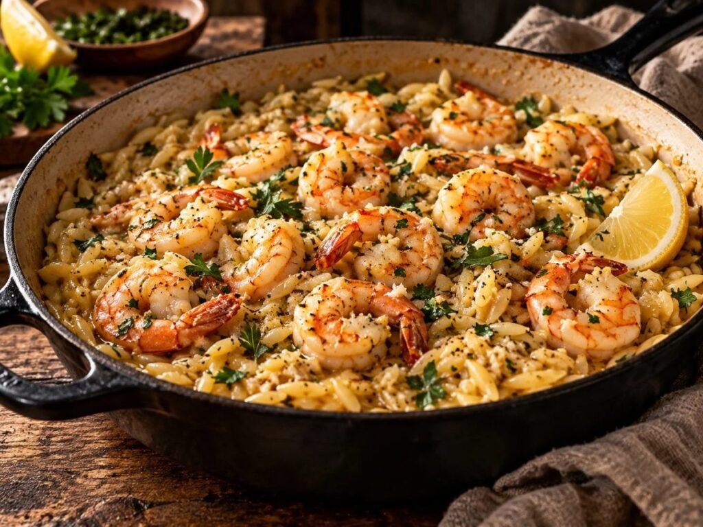One-pot garlic butter shrimp and orzo with parsley