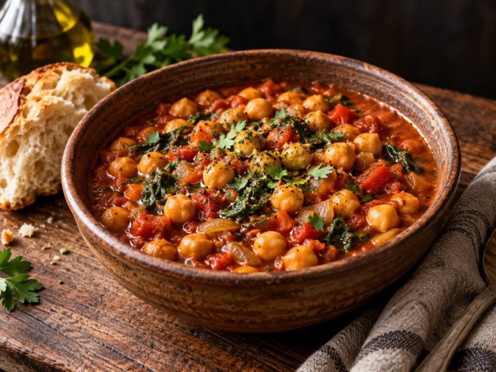 One-pot Mediterranean chickpea stew with tomatoes and spinach