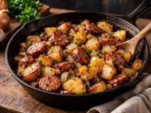 One-Pot Sausage and Potato Hash One-pot sausage and potato hash with crispy potatoes in a skillet