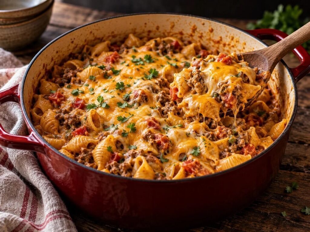 One-pot taco pasta with melted cheese