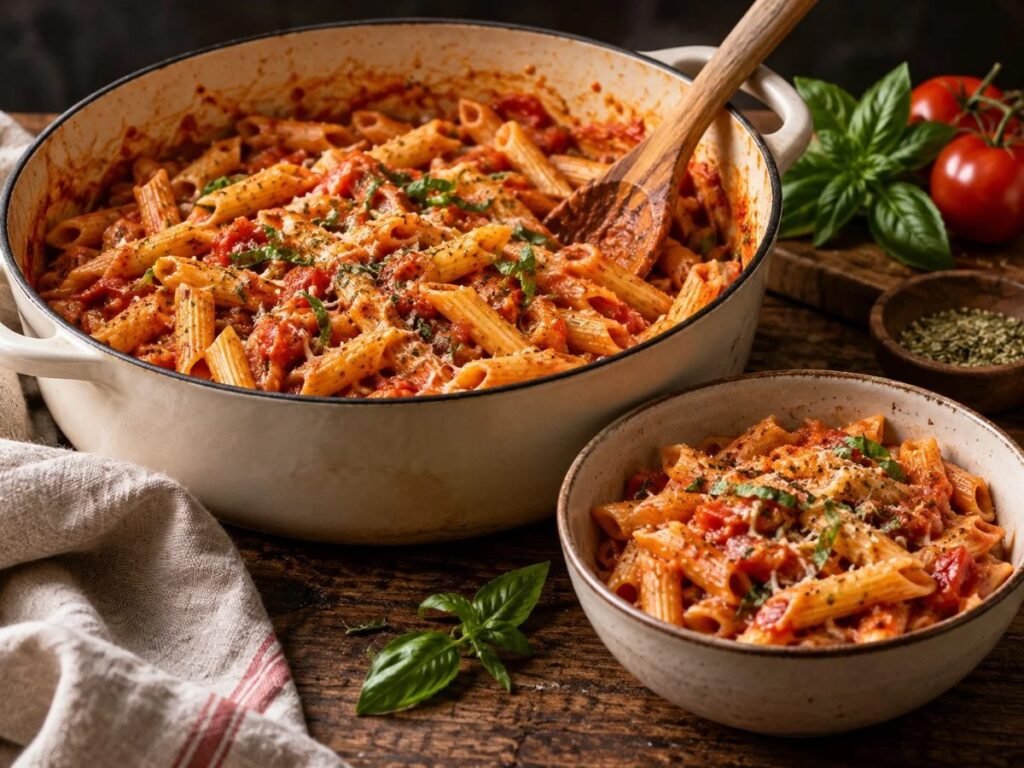 One-pot tomato and herb pasta in a pot with fresh basil