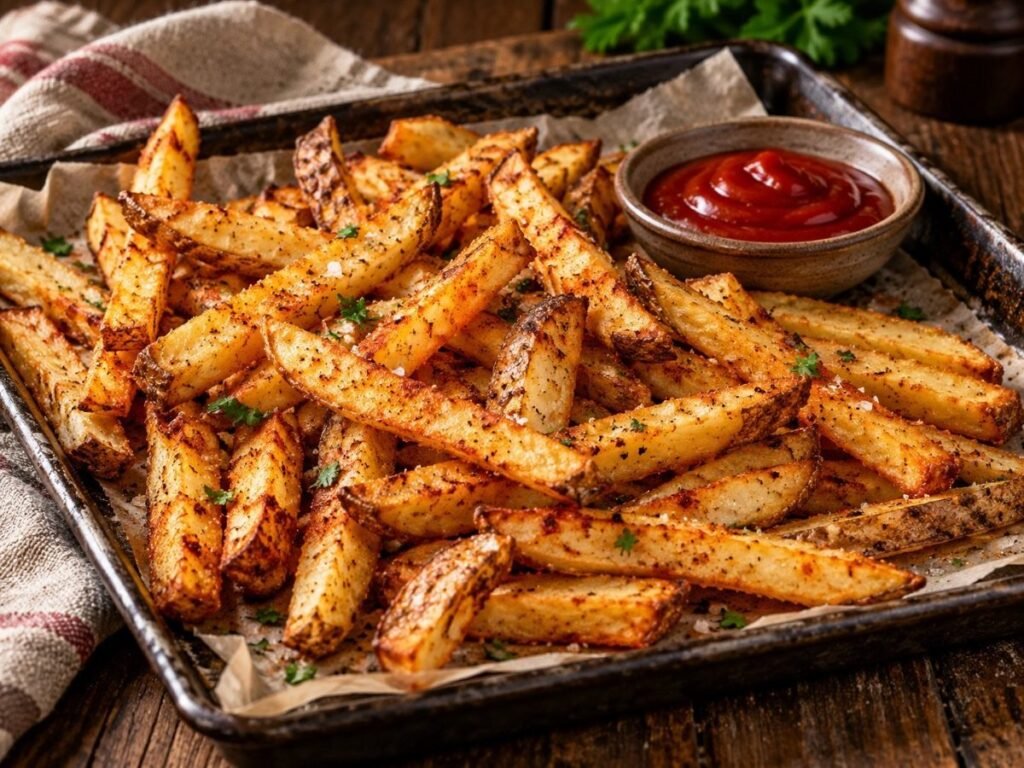 Golden oven-baked fries on a parchment-lined sheet pan with ketchup
