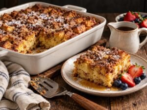 Overnight French Toast Casserole Overnight French toast casserole with brown sugar crumble in a baking dish with one serving plated