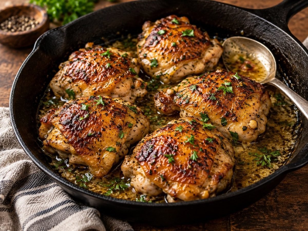 Golden pan-seared chicken thighs in a cast iron skillet