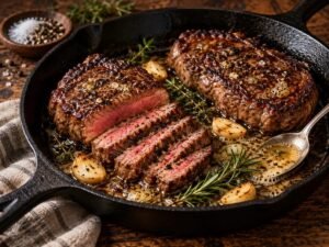 Pan-Seared Steak with Garlic Butter Pan-seared steak sliced in a cast iron skillet with garlic butter and herbs