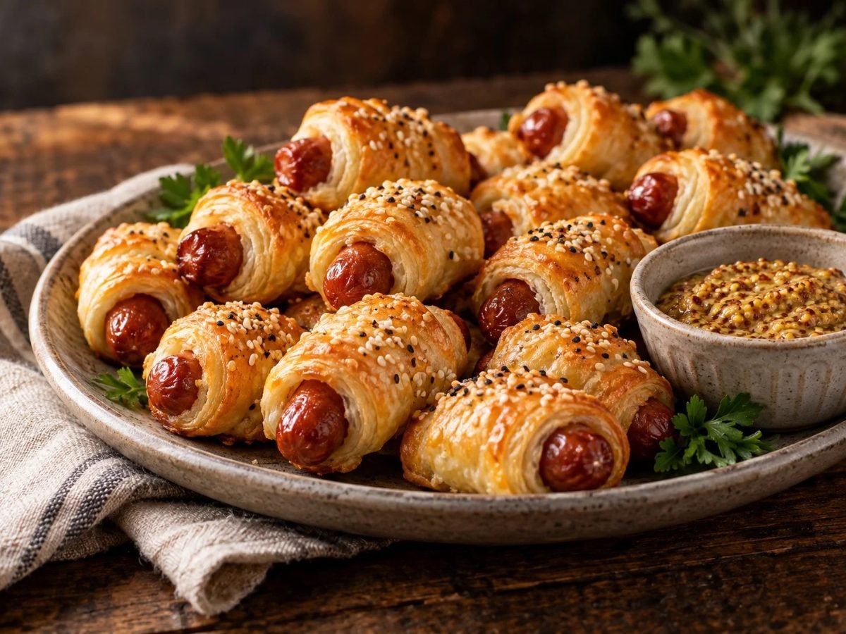 Pigs in a blanket with golden pastry and sesame seeds on a platter
