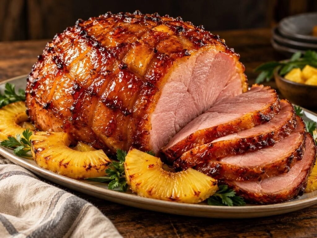 Pineapple honey glazed ham sliced on a platter with pineapple rings