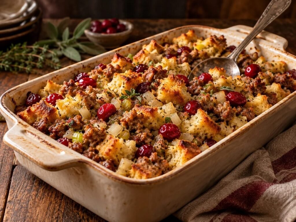Pork and cranberry stuffing in a baking dish