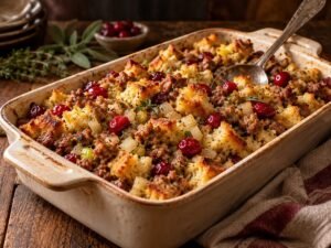 Pork & Cranberry Stuffing Pork and cranberry stuffing in a baking dish