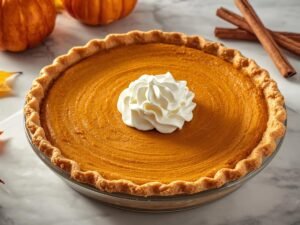 Pumpkin Pie Homemade pumpkin pie with a swirl of whipped topping in a glass pie dish