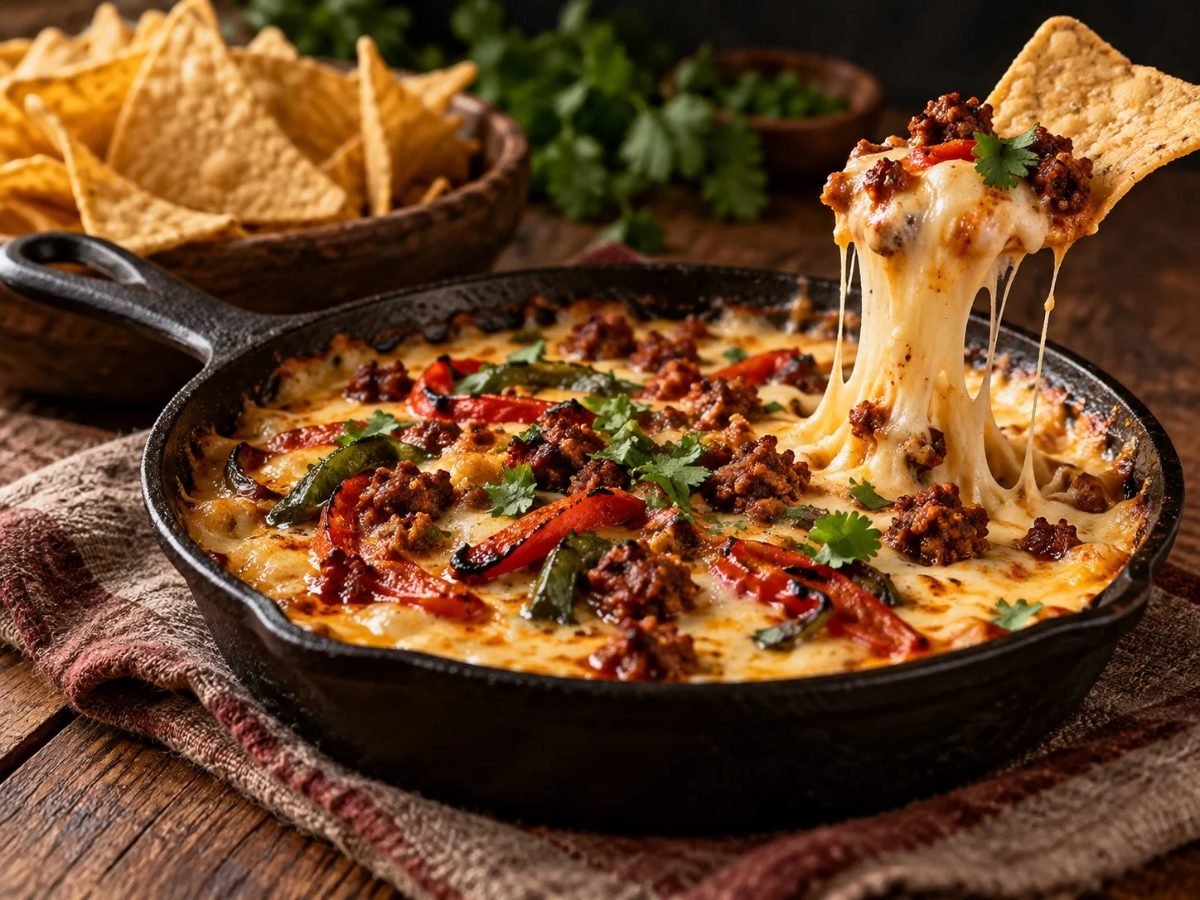 Queso fundido with chorizo in a cast iron skillet