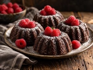 Raspberry chocolate mini bundt cakes topped with fresh raspberries