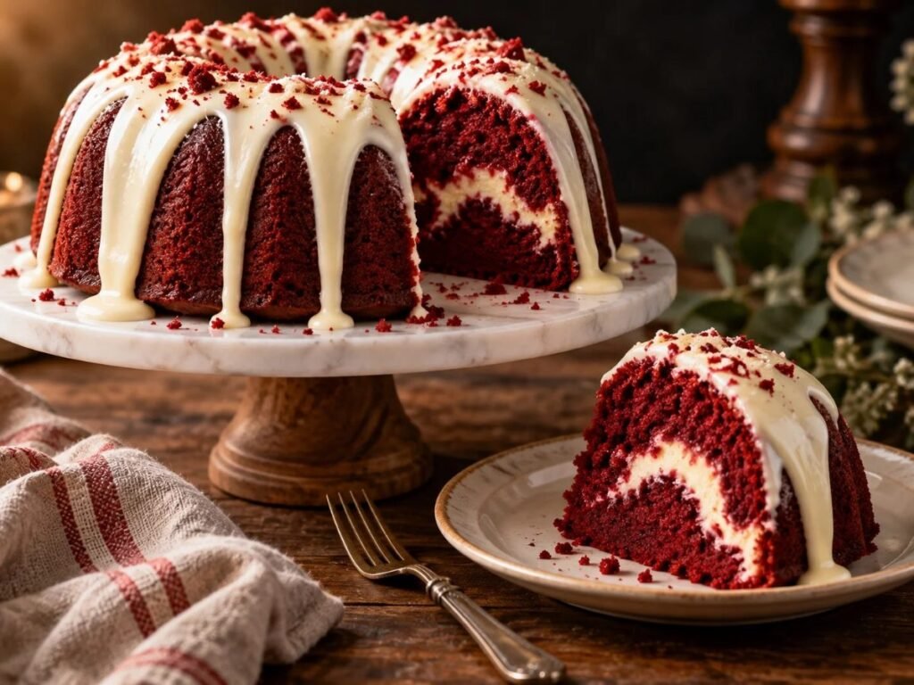Red velvet Bundt cake with cream cheese glaze on a cake stand with one slice served
