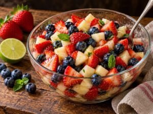 Red, White and Blue Fruit Salad Red, white and blue fruit salad with strawberries, blueberries and apples in a glass bowl