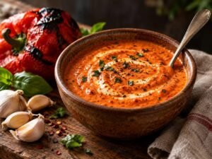 Roasted red pepper cream sauce in a bowl