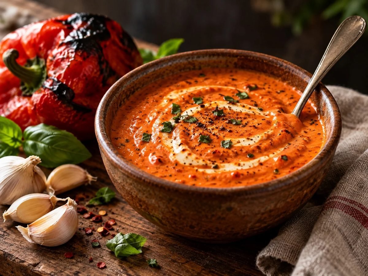 Roasted red pepper cream sauce in a bowl