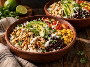 Rotisserie Chicken Rice Bowls Rotisserie chicken rice bowls with avocado, black beans, corn, and lime crema