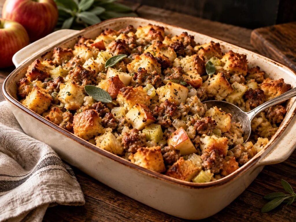 Sausage and apple stuffing with sage in a baking dish