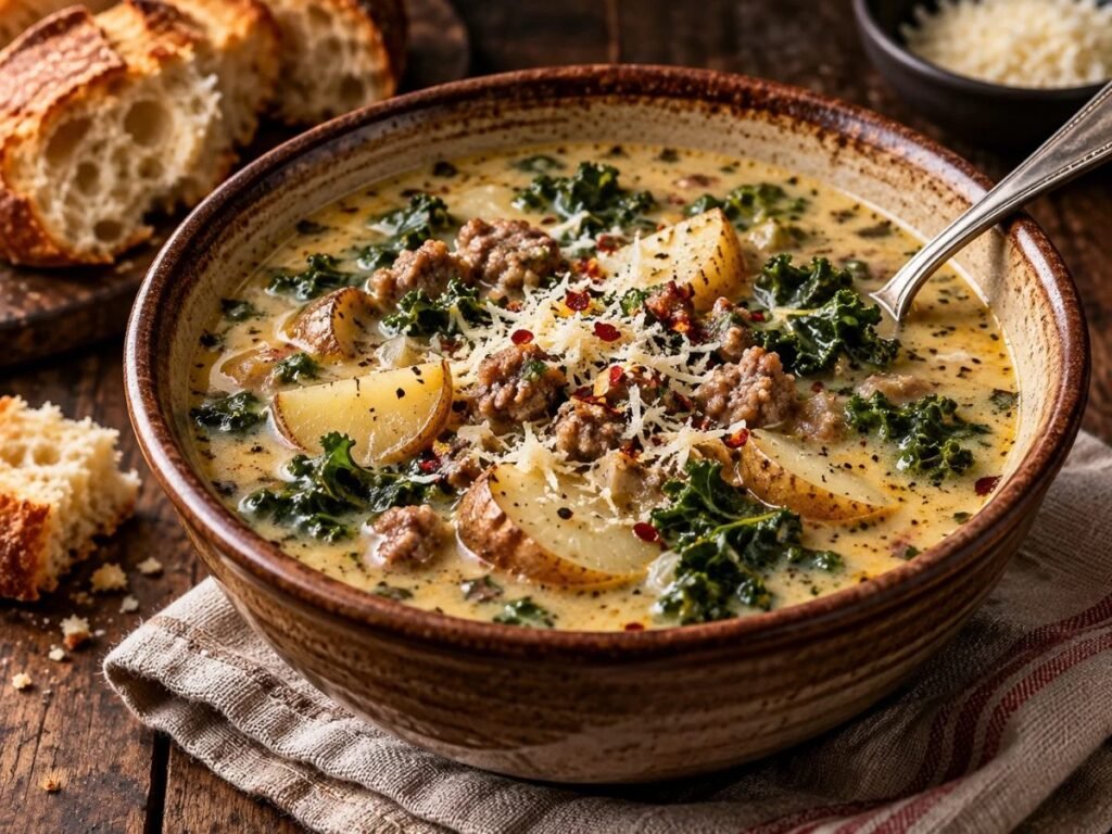 Bowl of creamy sausage, potato and kale soup with sliced potatoes and crumbled Italian sausage