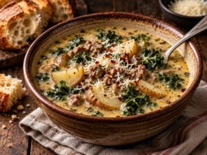 Sausage, Potato and Kale Soup Bowl of creamy sausage, potato and kale soup with sliced potatoes and crumbled Italian sausage