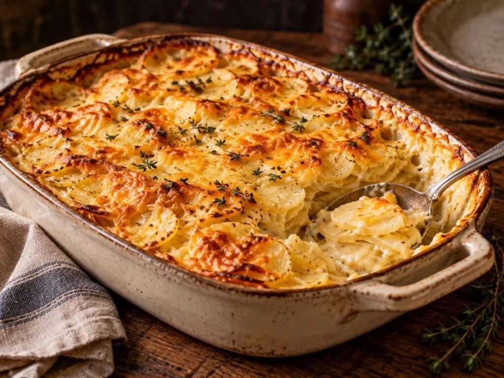 Scalloped potatoes with a golden baked top in a casserole dish