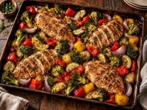 Sheet Pan Chicken and Veggies Sheet pan chicken and veggies with broccoli, bell peppers and zucchini