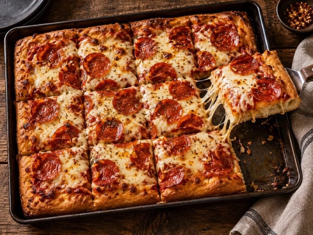 Sheet pan pizza with pepperoni and melted mozzarella