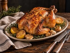 Simple Roast Chicken Roasted whole chicken with lemon and garlic on a platter